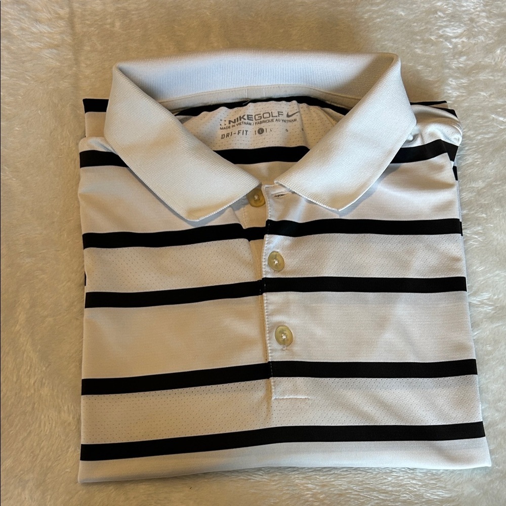 💰4/$20 Men’s Nike Golf White and Black Striped Polo Shirt | Size L